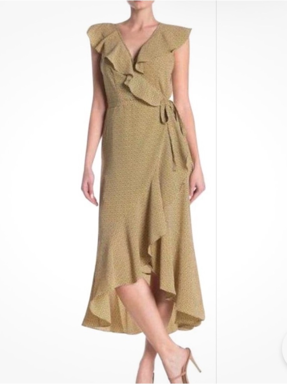 Max Studio Yellow Heart Print Ruffle Trim Maxi Wrap Dress. Size M